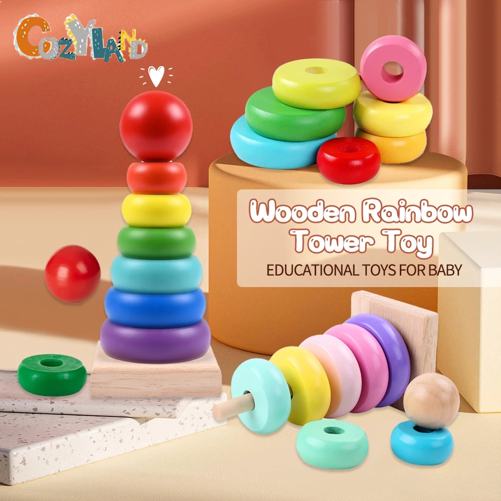 Cozyland Wooden Rainbow Tower toy educational toys for baby kids Cognition  of Color Quantity toy