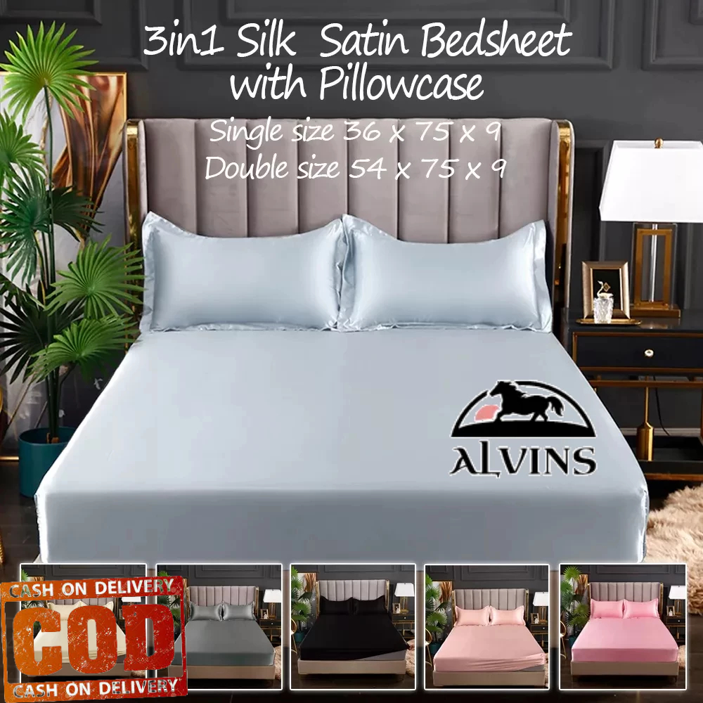 ALVINS 3in1 Silk Satin Plain Bedsheet Fully Garterized with Pillowcase ...