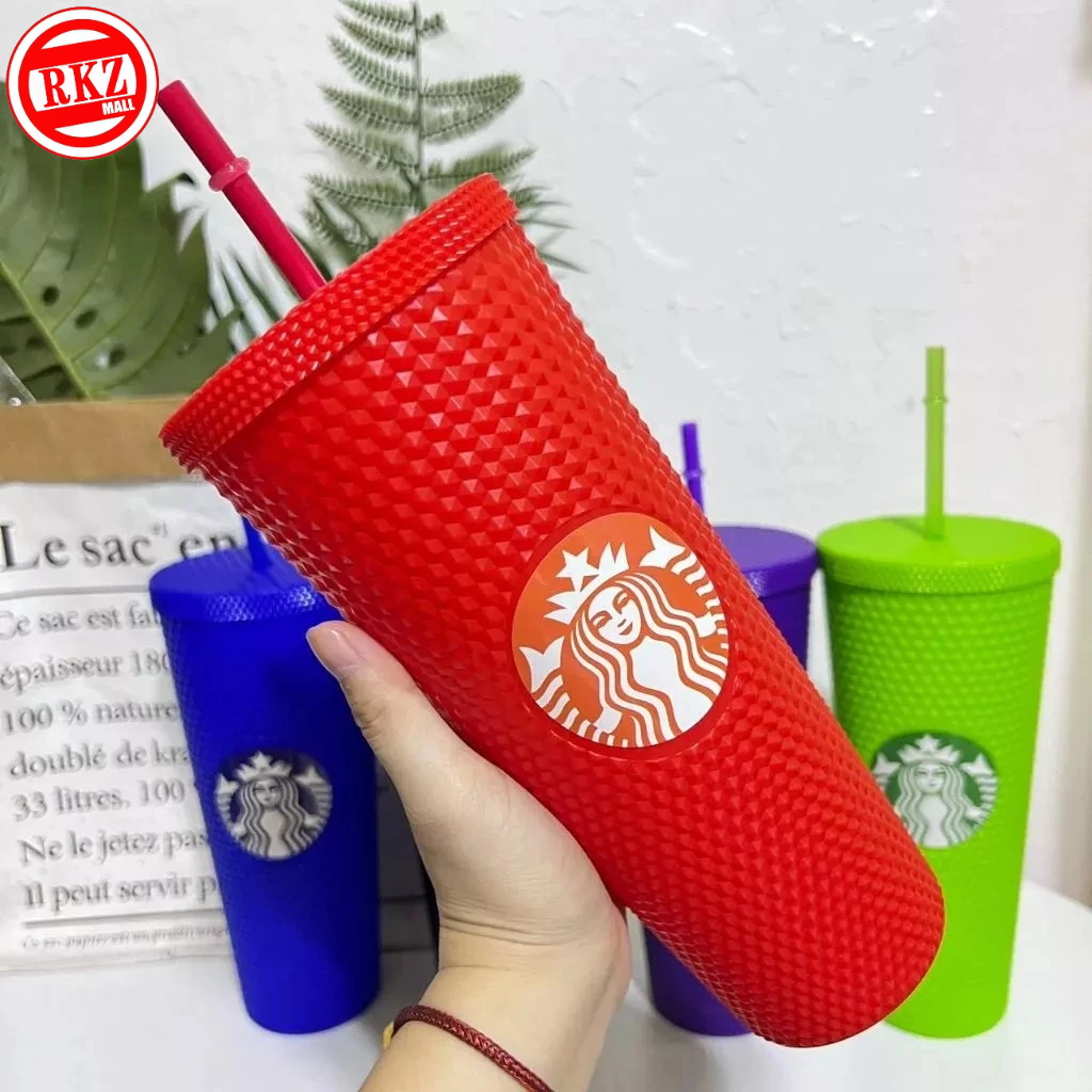 RKZ MALL 1000ML Plastic Cup WITH LID Durian Acrylic Crystal Tumbler Cup WITH STRAW Studded