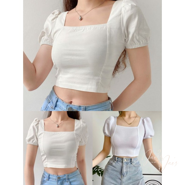 Amelie Puff Sleeve Square Neck Korean Crop Top | Shopee Philippines