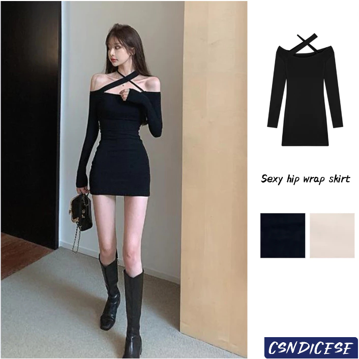Milk Silk Sexy Horizontal Neck Dress Women's Off-the-shoulder Slim Hip ...