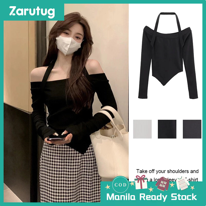 ZARU Off Shoulder Halter Neck Long Sleeve Sweater for Women Short Bottoming Shirt Top