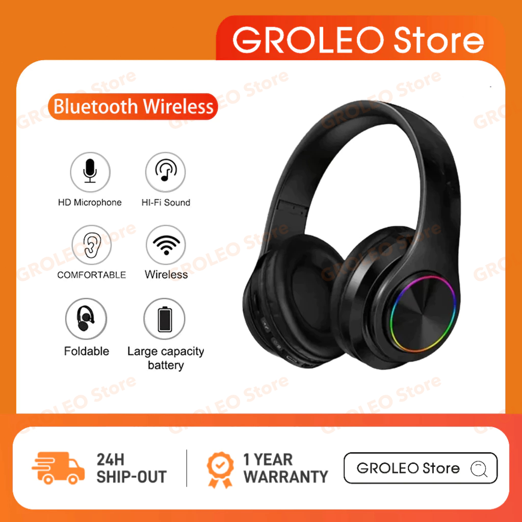 GROLEO Wireless Bluetooth Headphone Colored LED Lights Gaming Headset ...
