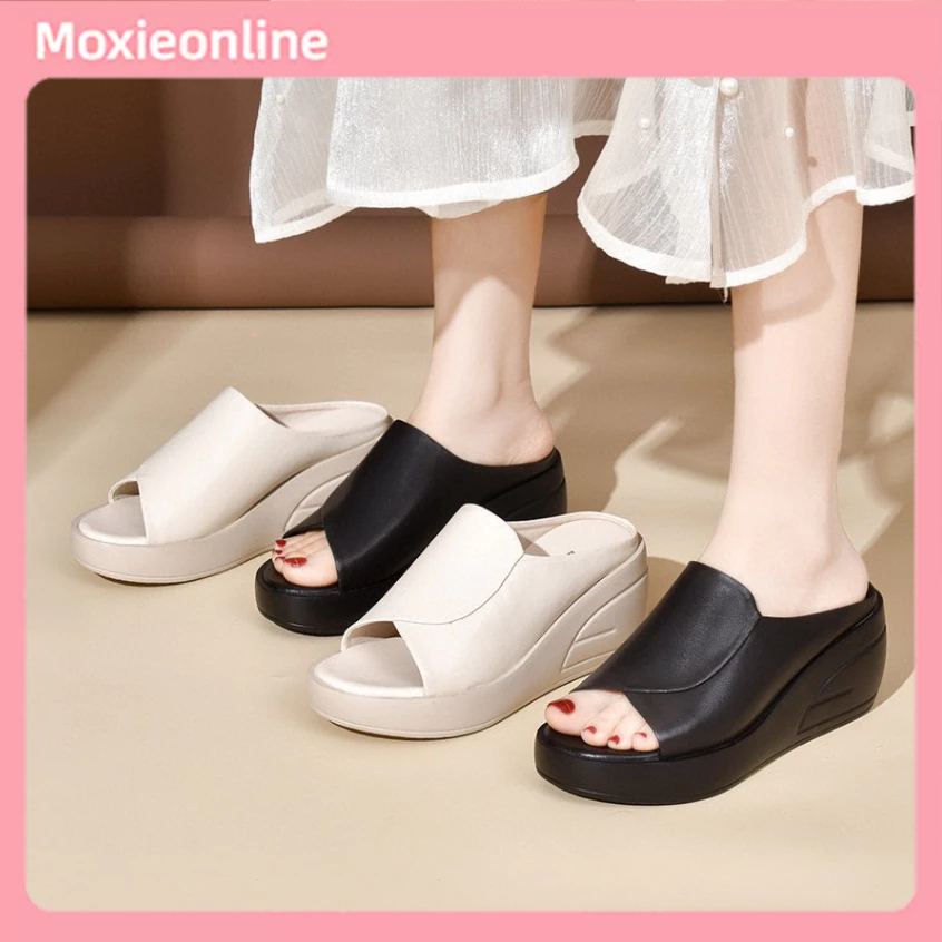 Women's 6cm Platform Slippers Soft Leather Comfort House Slides with ...