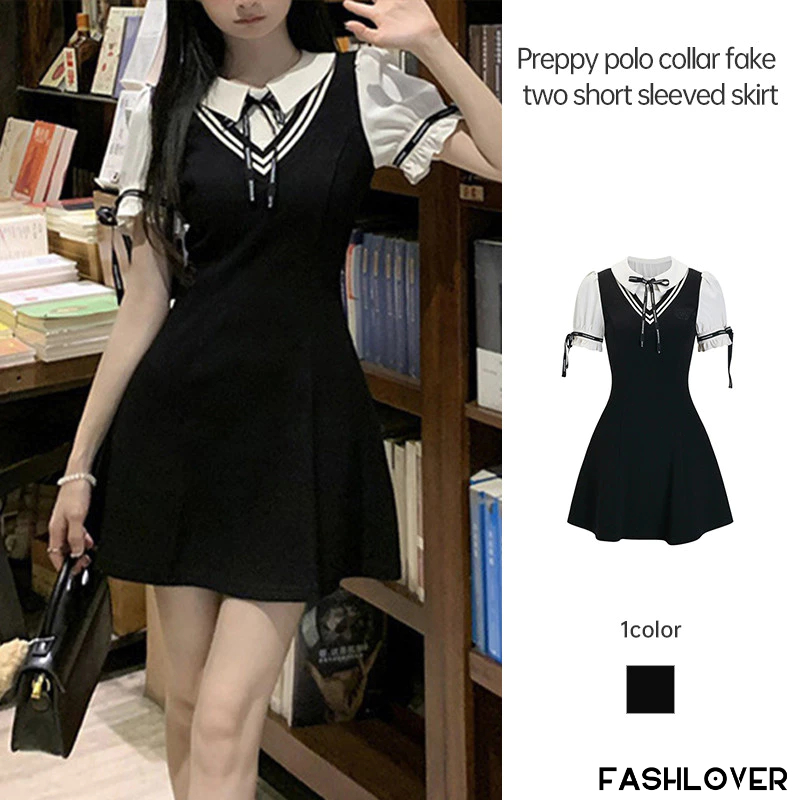 Preppy Style Dress Women Fake Two Piece Dress Polo Collar Waist ...