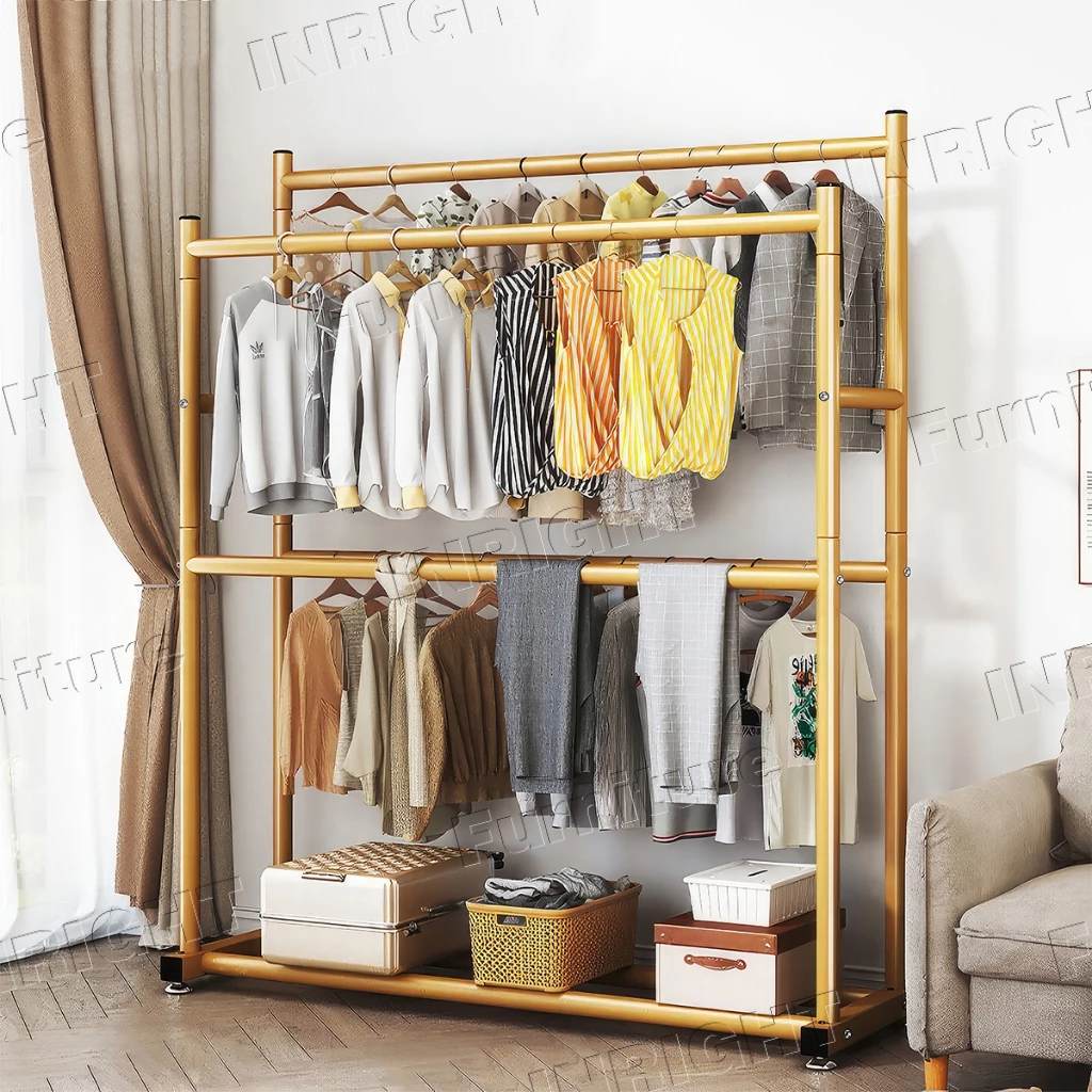 Floor-standing Double Row Double Layer Clothes Rack Bedroom Clothes ...