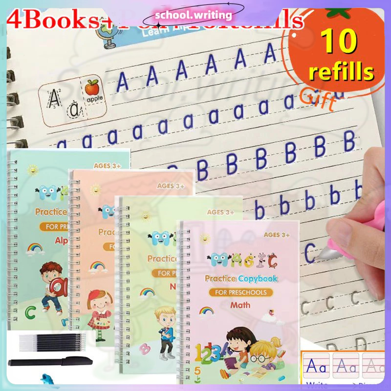 4 Book Set Practice Writing Kids Reusable Learning Copybook With Pen ...