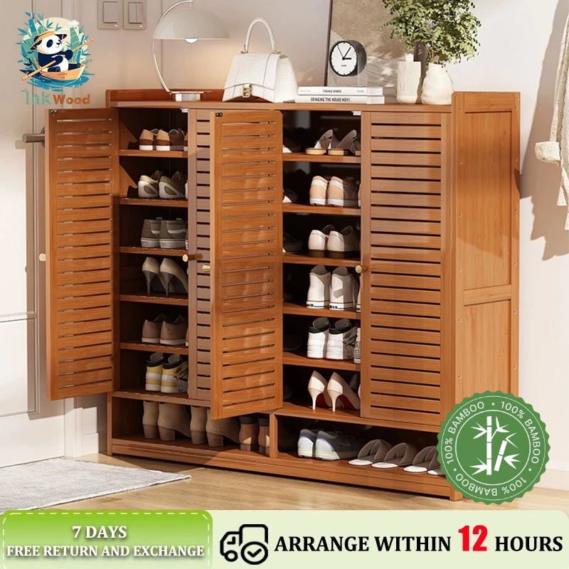 【5-year warranty】Bamboo Wooden Shoe Rack With Door Cover Rattan Shoe ...
