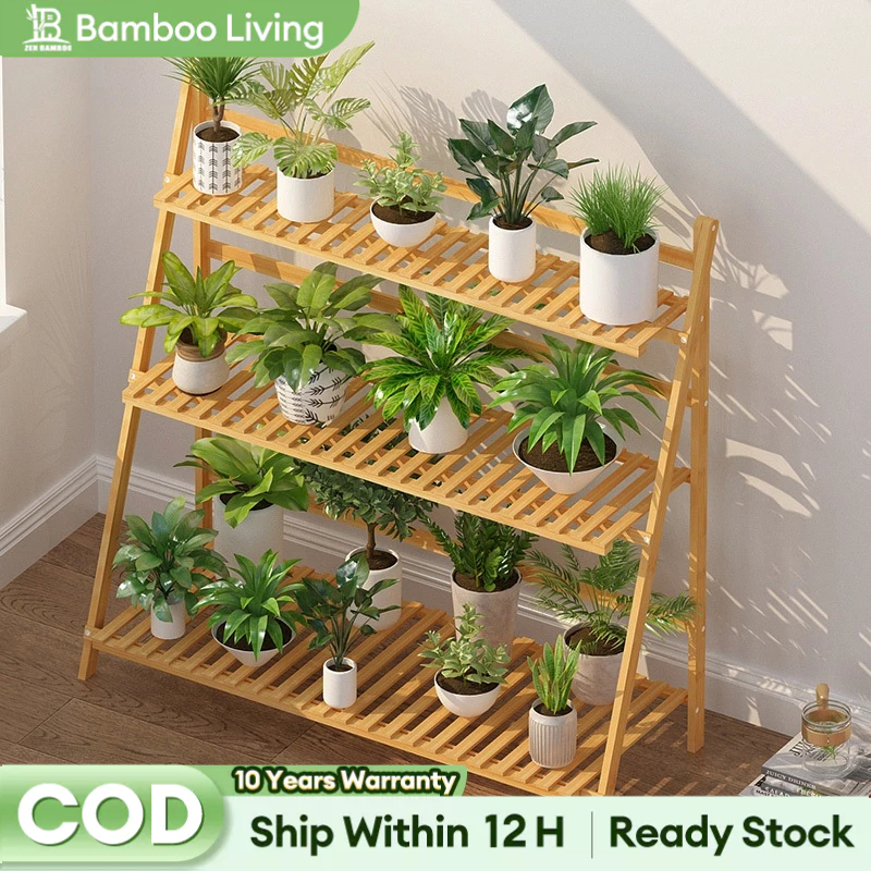 【On Hand】Standing Flower Rack Bamboo Wood 2/3/4L 50/60/70/80CM Simple ...