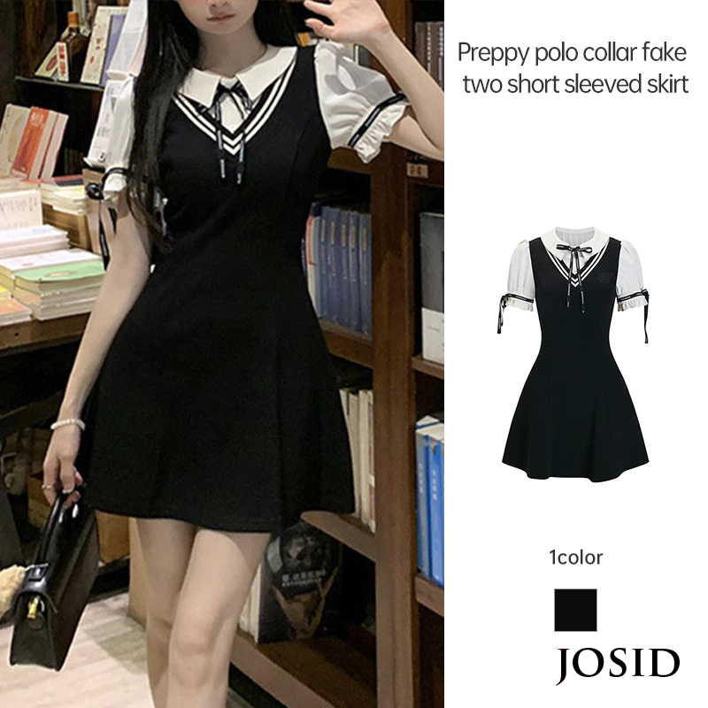 Preppy Style Dress Women Fake Two Piece Dress Polo Collar Dress Waist ...