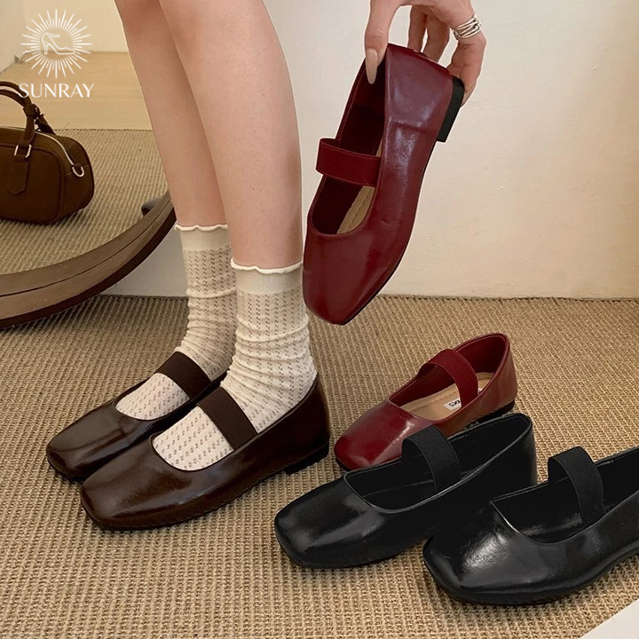SUNRAY Women Mary Jane Flat Shoes Elastic Strap Soft Sole French Style ...