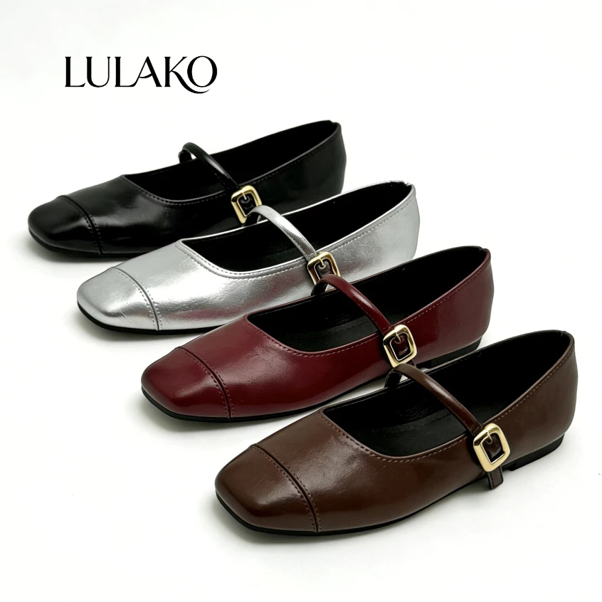 LULAKO Mary Jane Shoes for Women Square Toe Black Leather School Flats ...