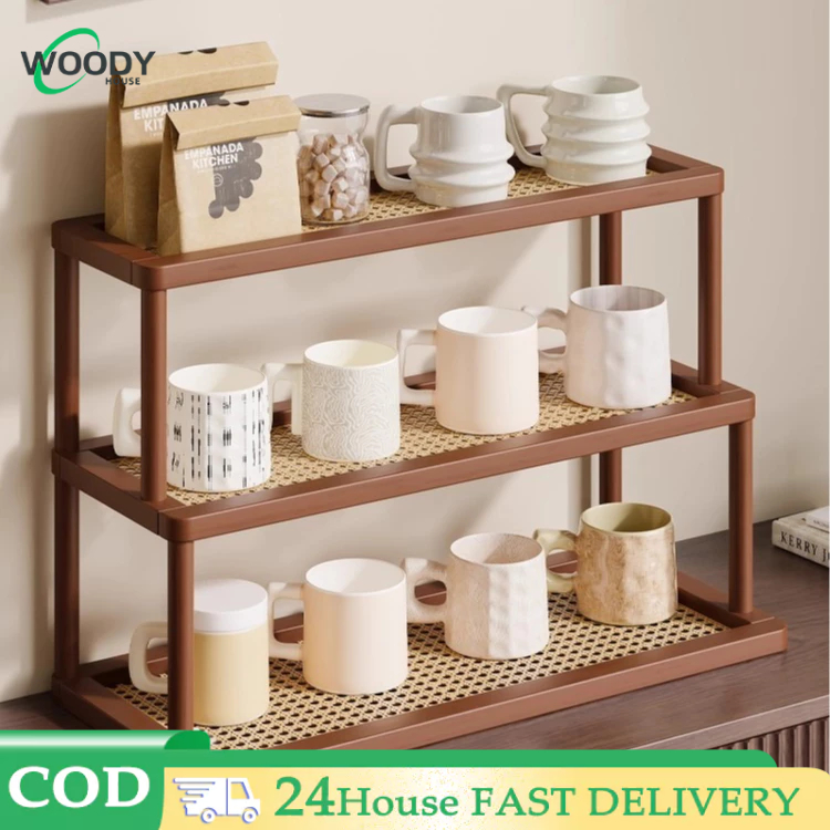 Rattan Desktop rack Wooden storage Rack layers Desk Organizer Shelf Cup ...