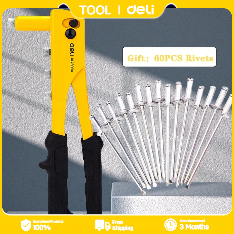 Deli Hand Riveter Set 4 Nozzles Heavy Duty Rivet Gun Tool + 60PCS ...