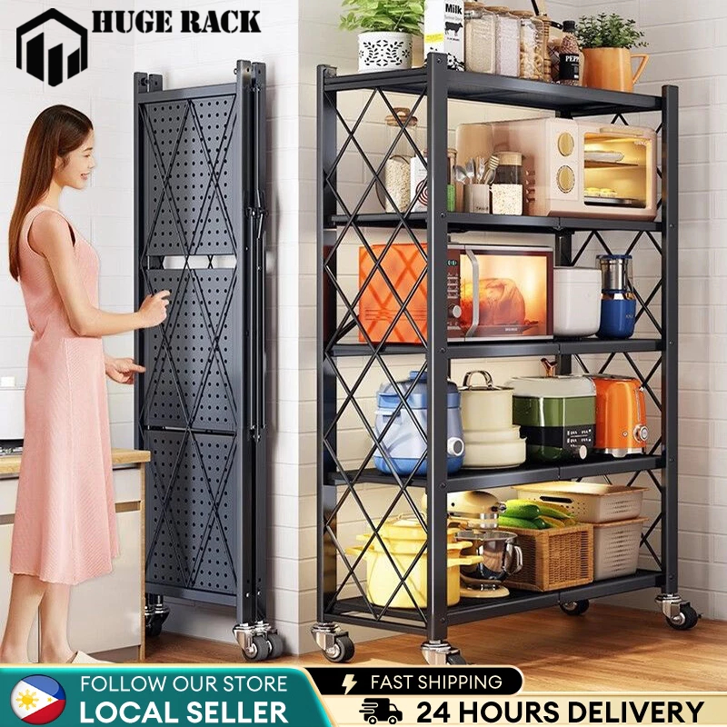 Folding Kitchen Storage Rack 5 Layer Metal Rack Steel Rack With Wheels ...