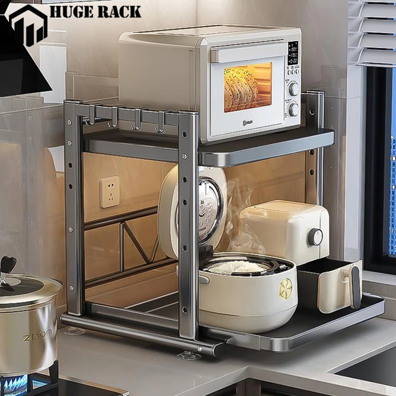 Pull-out Kitchen Microwave Rack Adjustable Rice Cooker Organizer 2 ...