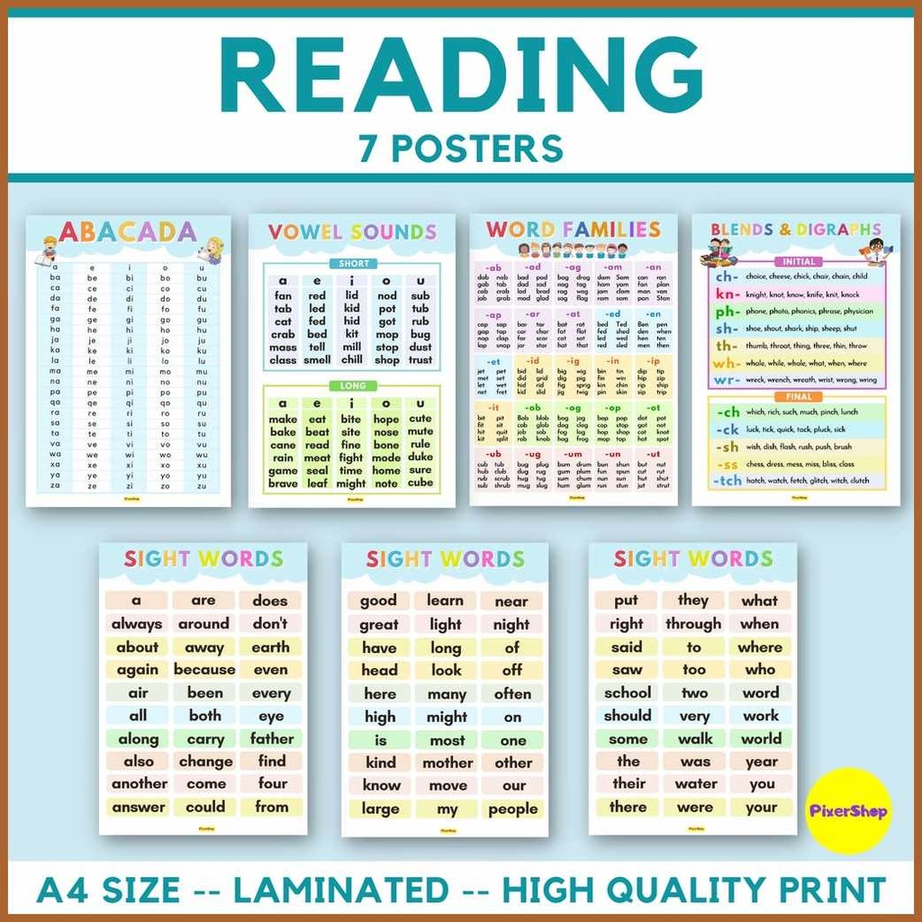 7PCS!r`READING$zL,EDUCATIONAL`GR;CHARTS&POSTERS&LAMINATED&A4&SIZE ...
