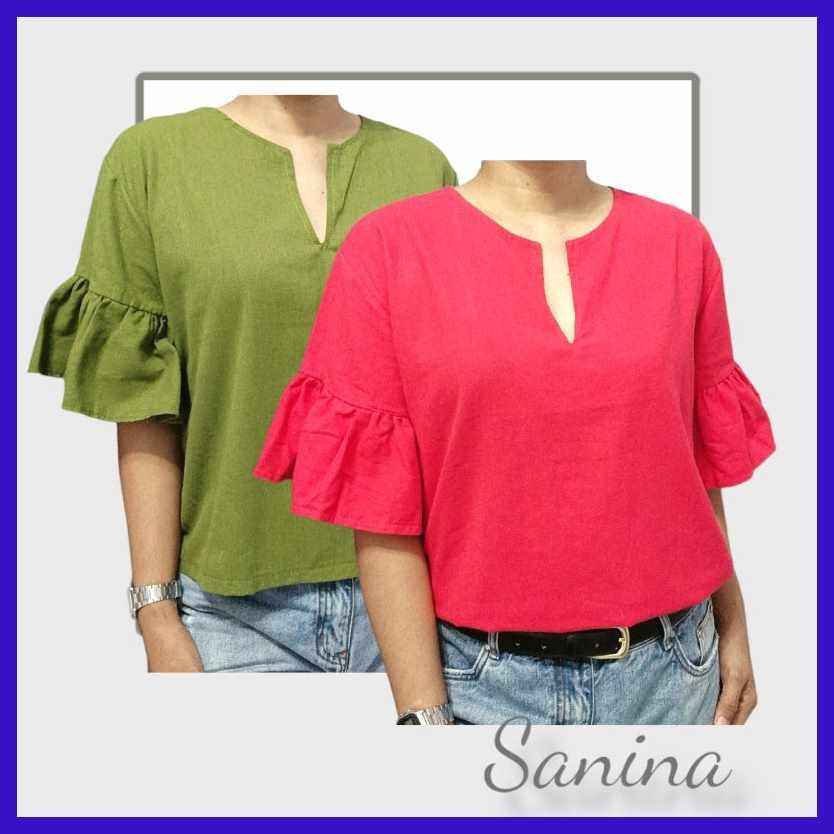 Sanina/Eད'ONotchedMz-CottonFJ-LinesEi-FlarejV-SleevesXE-Trendy!U,Ladies ...