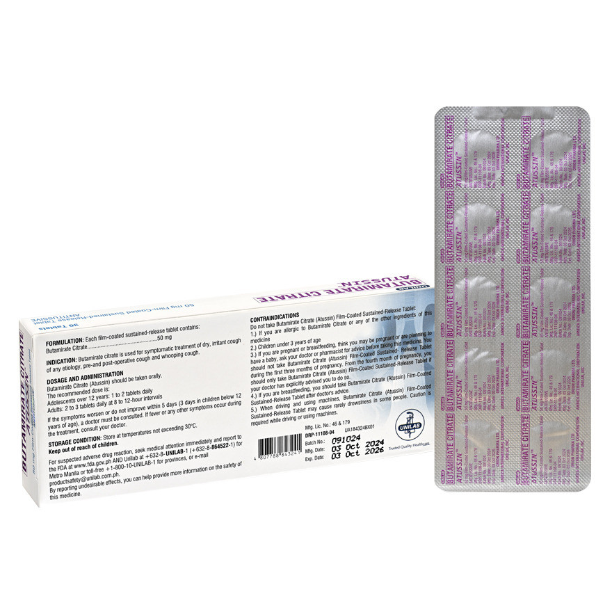 ATUSSIN Butamirate Citrate Film Coated Tablet 50mg (Sold Per Piece ...