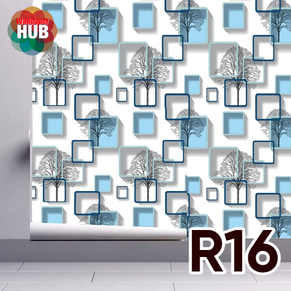 HUB Wallpaper Blue Square Tree Design Home Decoration Wall Sticker PVC ...
