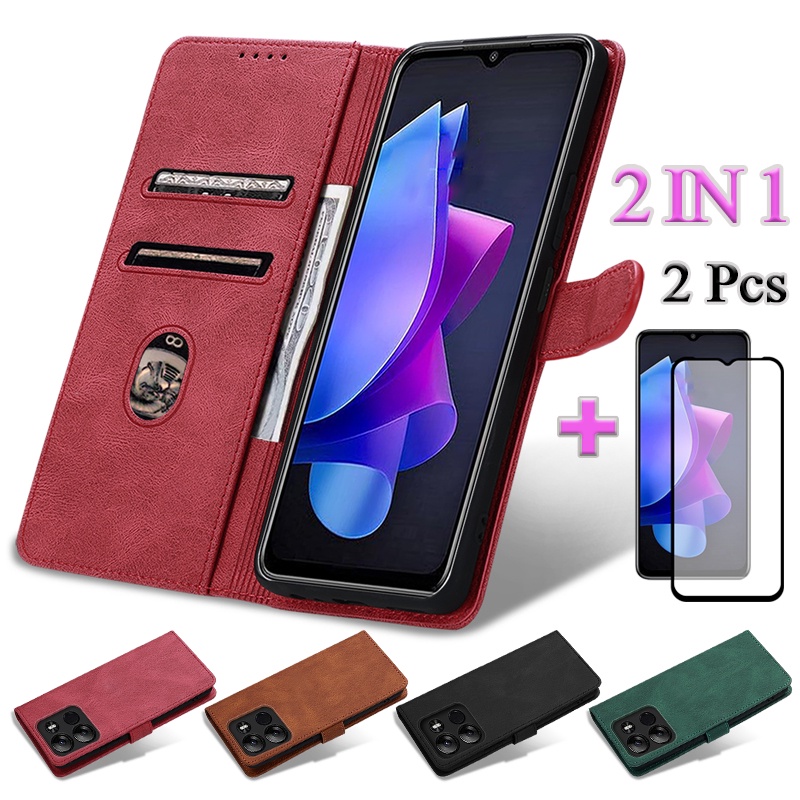 2 In 1 Infinix Smart 7 X6515 X6517 Flip Leather Case With Ceramic Protector Screen Curved