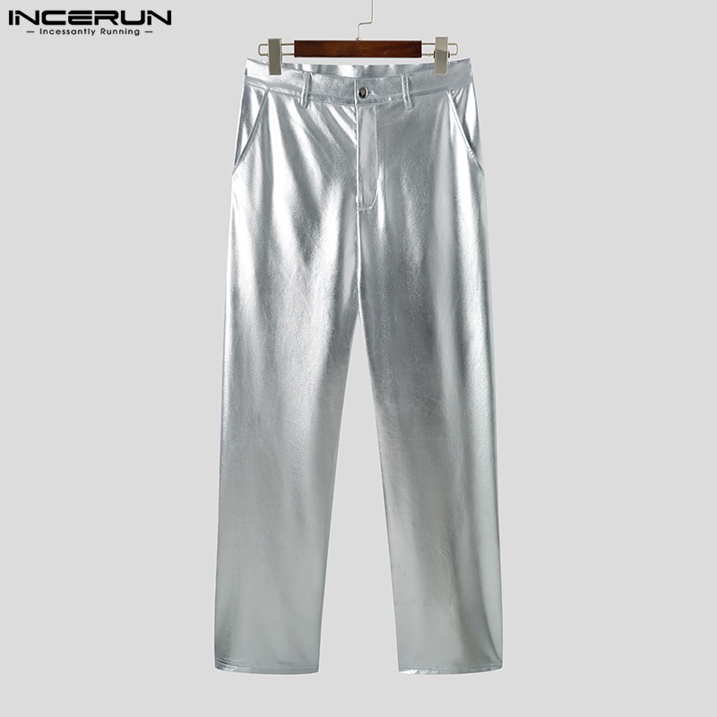 INCERUN Men's Silver Pants Straight Loose Fit Party Shining Trousers ...