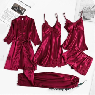 Buy Sleepwear Sets Women Lace Silk Sexy Stain 5pc Suit V Neck