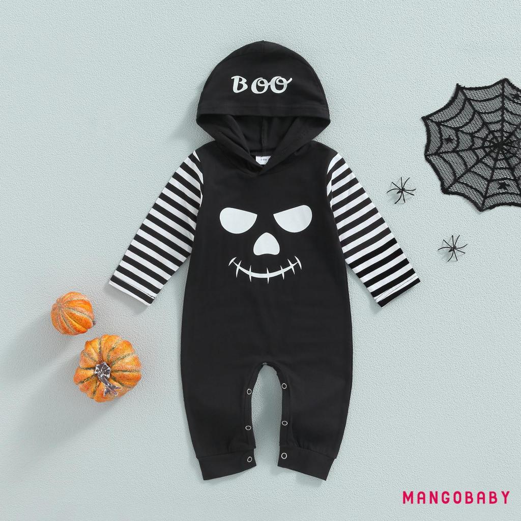 MG-Baby Halloween Hooded Romper, Casual Long Sleeve Ghost Face Print ...