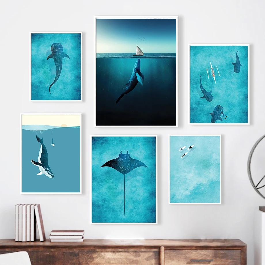 Blue Whale Shark Diver Sail Manta Rays Surf Sea Wall Art Canvas ...