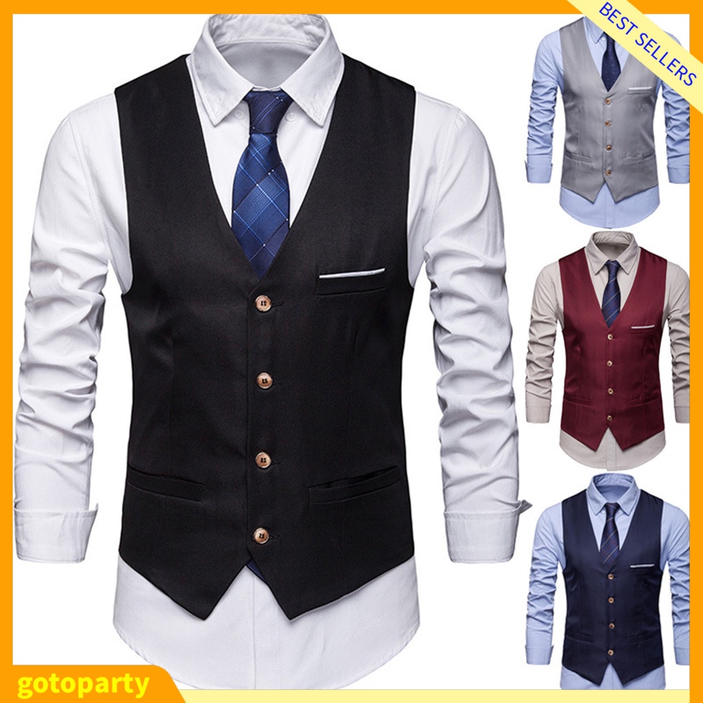[GOTO] Pockets Removable White Strips Suit Vest Classic Solid Color Men ...