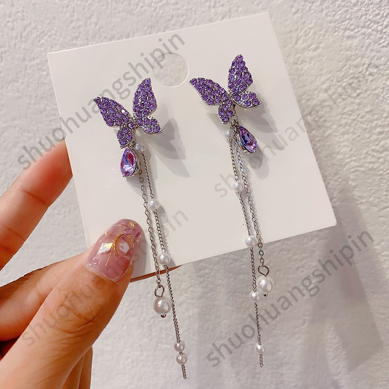 925 silver needle tassel earrings female high-end purple butterfly earrings  Hong Kong style earrings, a pair of earrings