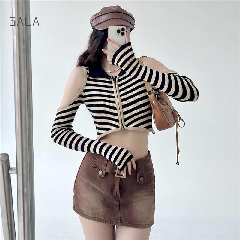 MAHO OFF-SHOULDER STRIPE LONG SLEEVE / GRY main image 0