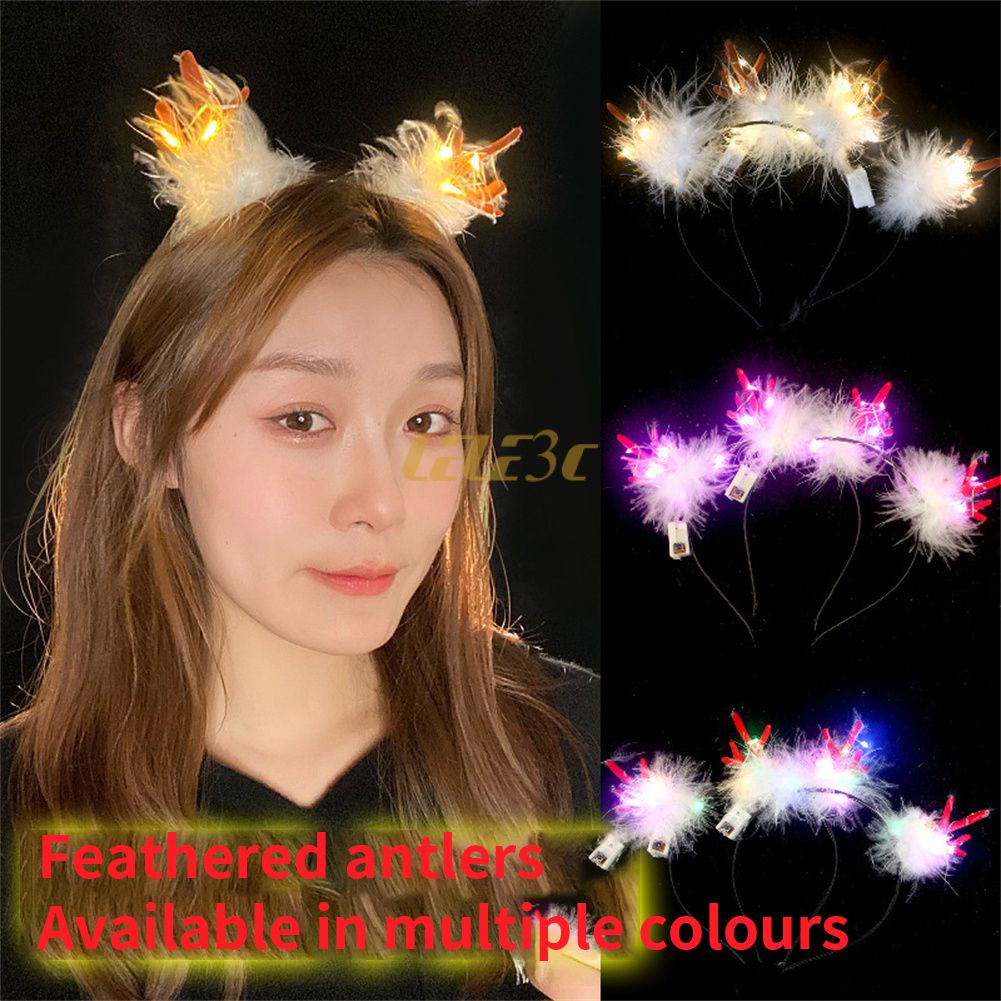 Fashion Plush Ear LED Christmas Headband Artificial Feather Glowing