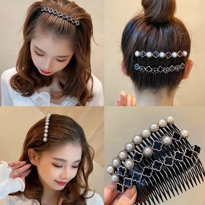 Korean Elegant Bangs Hair Comb Fashion Pearl Black Hairpin | Shopee ...