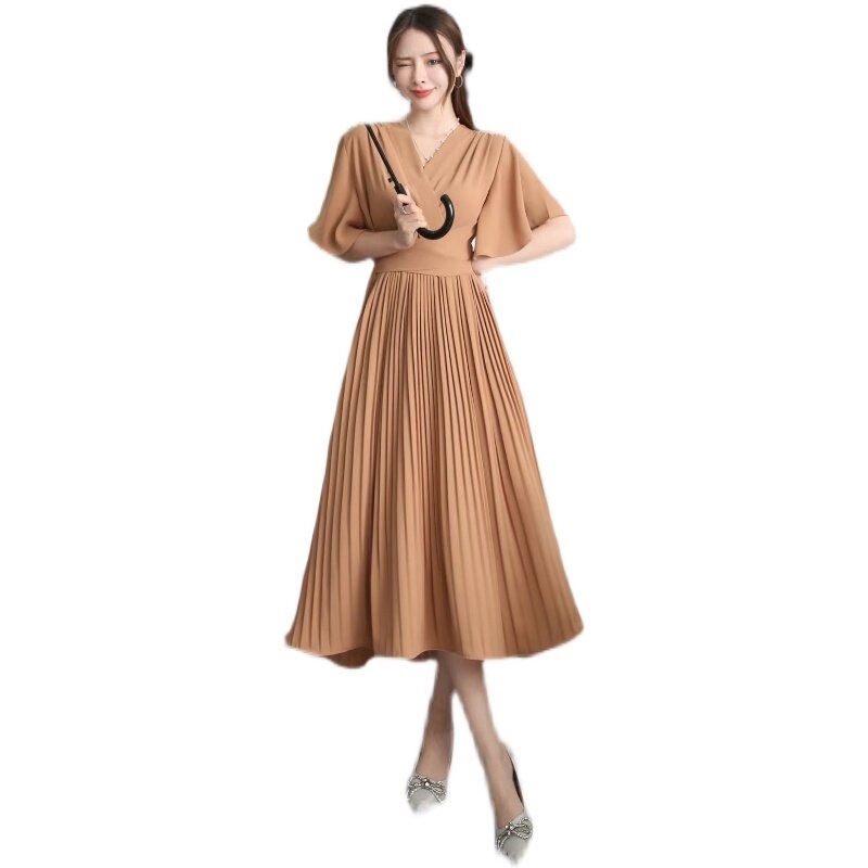 Women Casual Pleated Dress Summer Short Sleeve V Neck Slim High Waisted Bandage Party Dresses