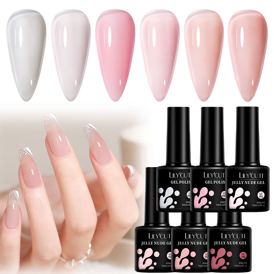 LILYCUTE 6pcs Set Pink Jelly Nail Gel Polish Nude Jelly White Milky Color Manicure Soak Off UV