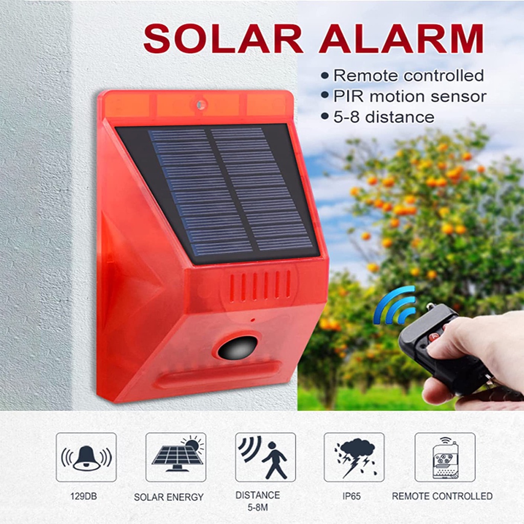 Solar Sound & Light Alarm Wireless Motion Sensor Alarm with Remote