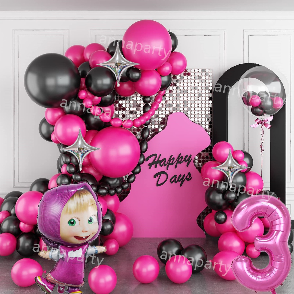 87 Pieces Masha And The Bear Themed Party Rose Red Black Balloon Garland Arch Kit Hot Pink Latex 