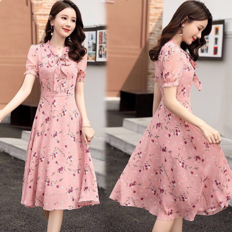 Sweet Chiffon dress Sweet floral small bow tie dress summer Korean dress Short sleeve dress slim dr