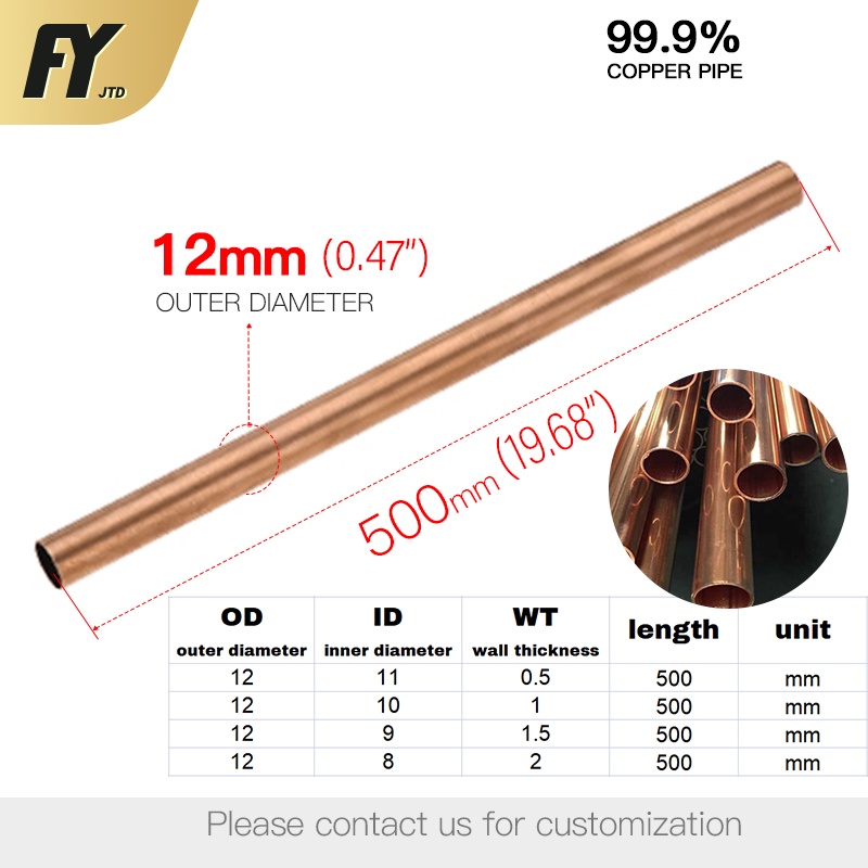 FUYI Copper tube 12mm outer diameter 500mm length 8 9 10 11 inner