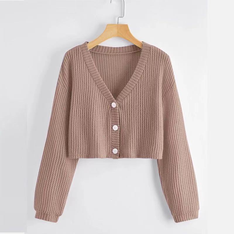 Korean Fashion Sweet Knitted Cardigan Women Chic Heart Button Jacquard  V-neck Sweater Coat Lady Cute Loose Long Sleeve Crop Top