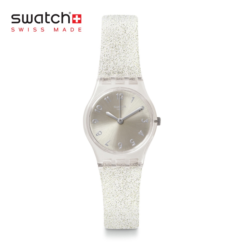 Swatch Lady Silver Glistar Too LK343E Transparent Silicone Strap Watch