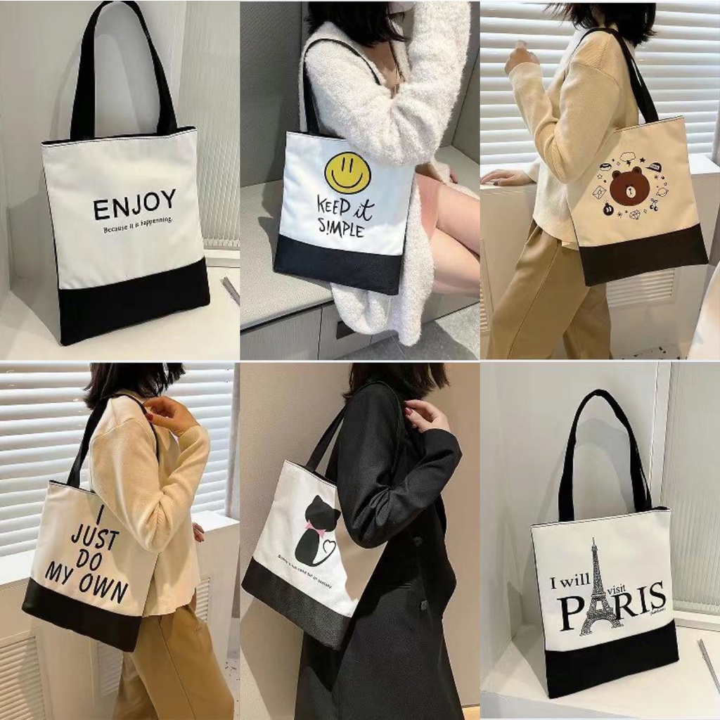 Korean Printed Ladies Tote Bag With Zipper Shopping Bags For Women