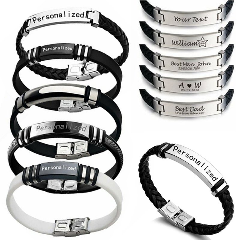Free Engrave!Personalised Stainless Steel Leather Adjustable Bracelet ...
