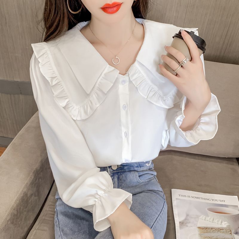 Cute doll collar shirt chiffon double neckline blouse long sleeve tops ...