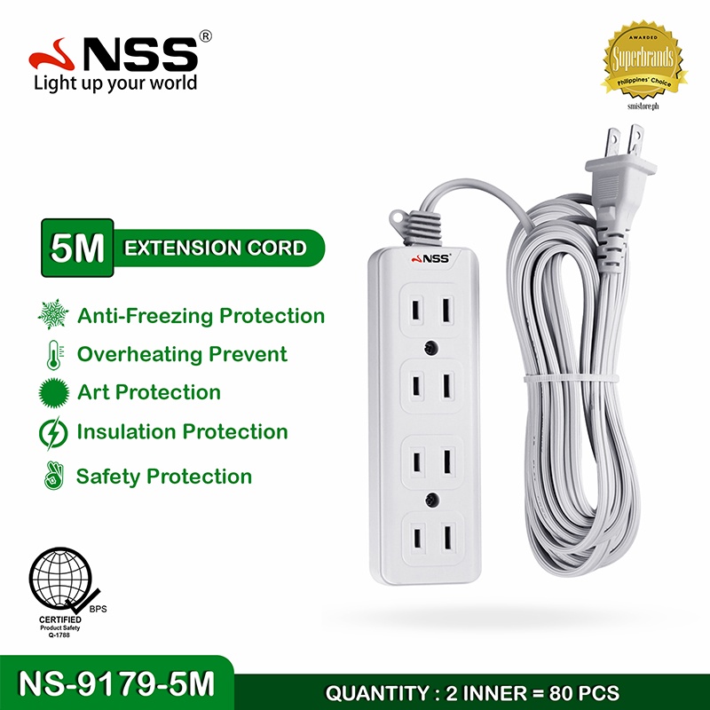 NSS Power Strip Surge Protector Extension Cord with 4 Outlets 5m Power