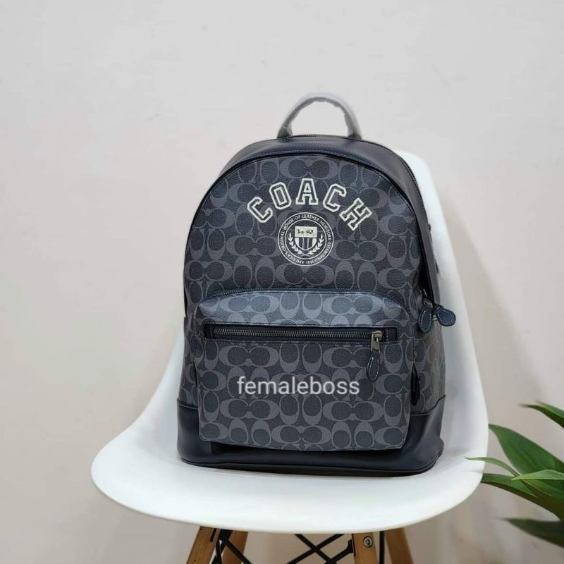 CB909 Coach West Backpack In Signature Canvas With Varsity Motif