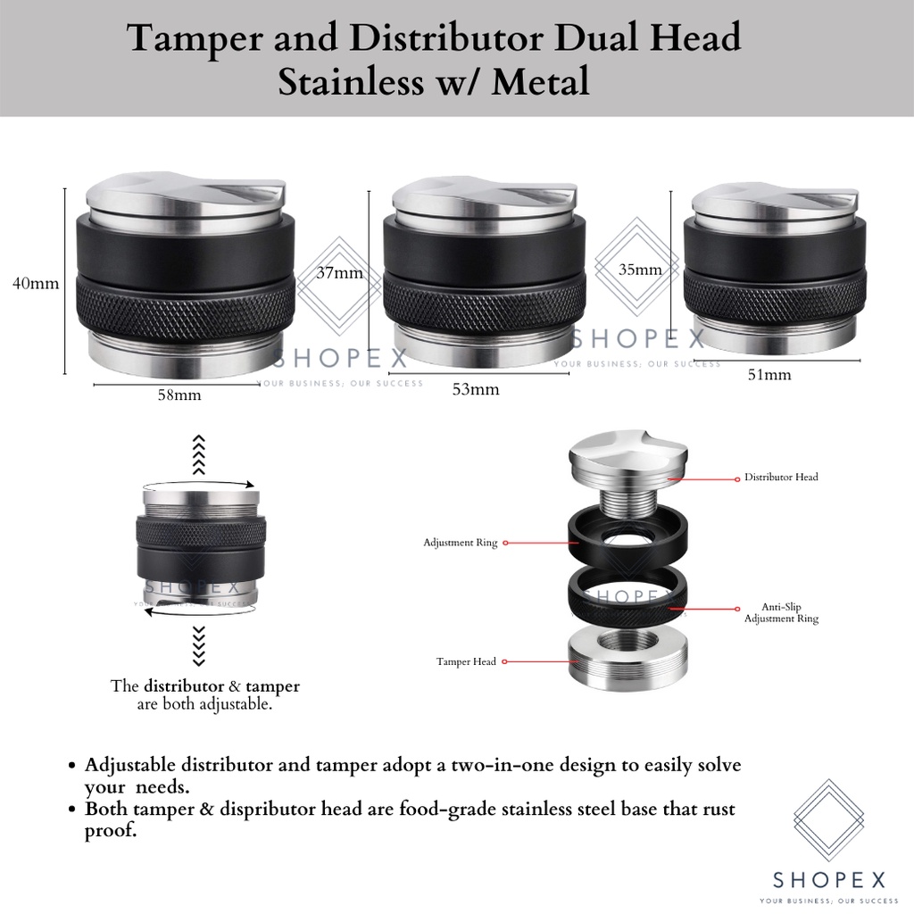Tamper&Distributor Dual Head Stainless w/Metal / 51mm 53mm 58mm