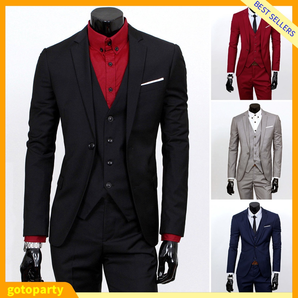 |GOTO| 3 Pcs/Set Business Suit 3 Piece Set Slim Fit Zipper Solid Color ...