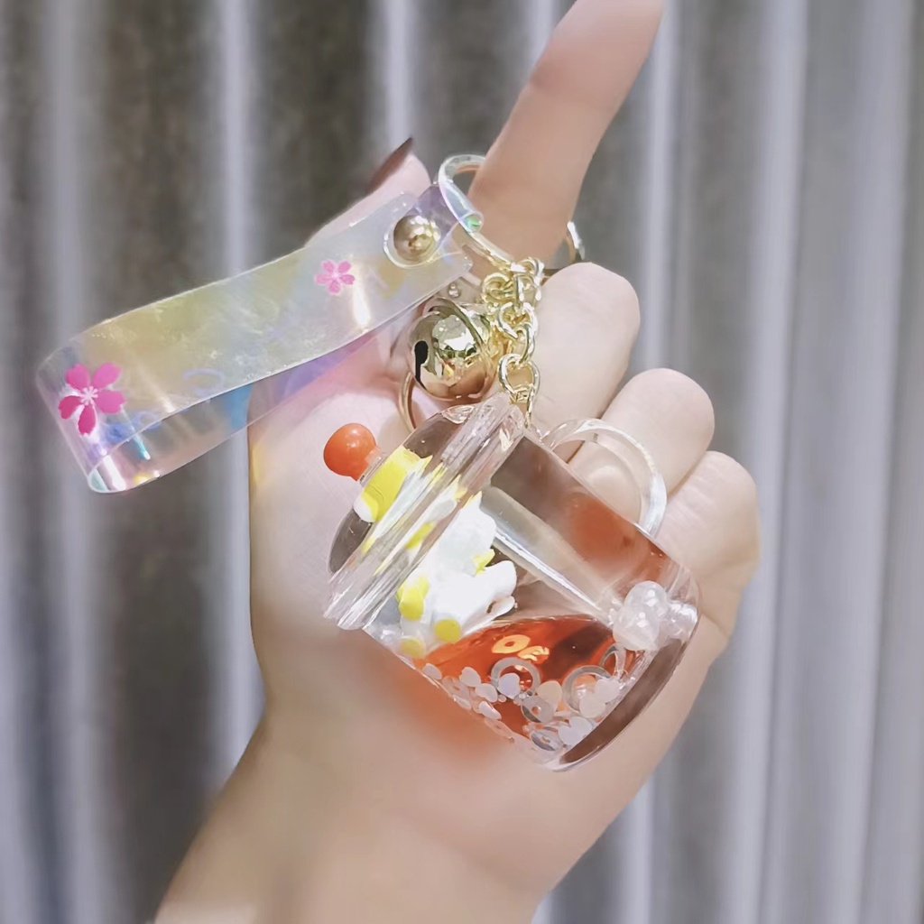 Pearl milk tea cup pendant into oil floating drift bottle key chain